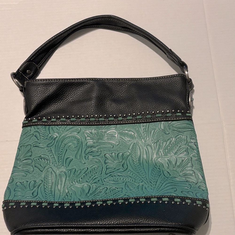 Trinity Ranch Leather, Black and Green Embossed Shoulder Bag.